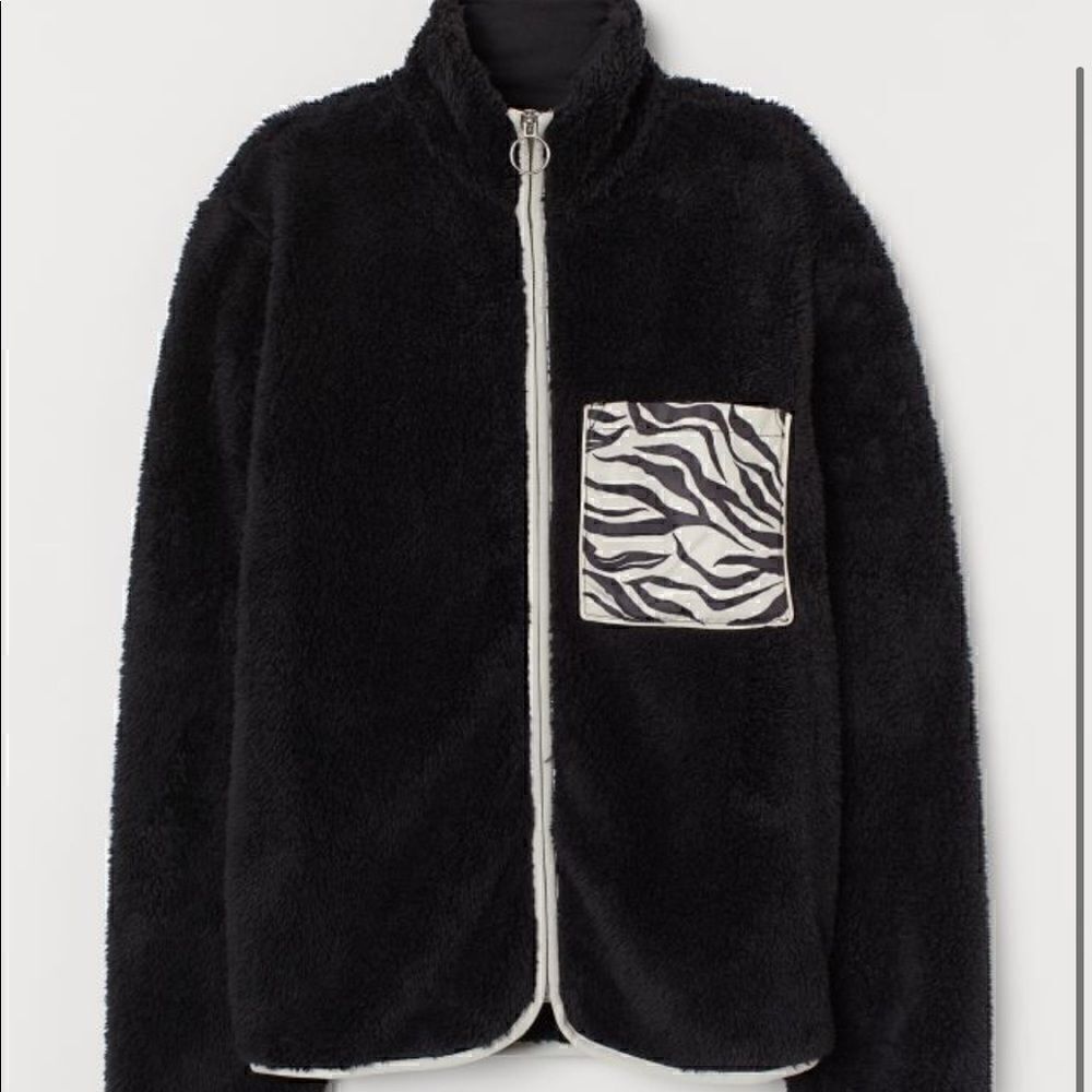 H&M Black Fleece Pocket Zipper Jacket Sweater NWT Zebra Print Pocket XS